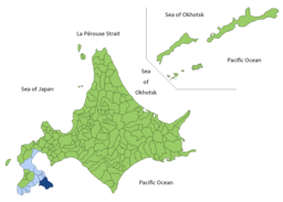 Hakodate (mörkblått) i Oshima subprefektur (ljusblått) på Hokkaido.