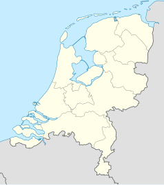 Mapa konturowa Holandii, blisko centrum na lewo znajduje się punkt z opisem „Rijnsburg”