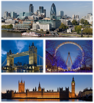 Dari atas kiri: City of London, Tower Bridge dan London Eye, Pura Westminster