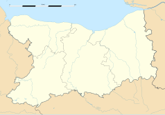 Mapa konturowa Calvados, blisko prawej krawiędzi nieco na dole znajduje się punkt z opisem „Cerqueux”