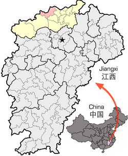 Location of Ruichang (red) in Jiujiang City (yellow) and Jiangxi