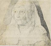 Portrait of a woman, her head covered by a white headscarf label QS:Lfr,"Portrait de femme, la tête couverte d'une coiffe blanche" label QS:Len,"Portrait of a woman, her head covered by a white headscarf" label QS:Lpl,"Portret kobiety z głową przykrytą białą chustą" label QS:Lnl,"Portret van een vrouw met witte hoofddoek" Black chalk. 32.7 × 36.4 cm (12.8 × 14.3 in). Paris, Louvre Museum.
