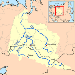 Floden Irtysjs sträckning genom Kina, Kazakstan och Ryssland