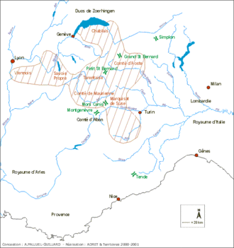 Carte en couleurs représentant les contours d'un territoire féodal.