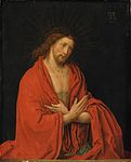 After Lucas van Leyden. Christ as the Man of Sorrows label QS:Len,"Christ as the Man of Sorrows" label QS:Lpl,"Chrystus jako Mąż Boleści" label QS:Lnl,"Christus als Man van Smarten" after 1573 date QS:P,+1573-00-00T00:00:00Z/7,P1319,+1573-00-00T00:00:00Z/9 . oil on panelmedium QS:P186,Q296955;P186,Q106857709,P518,Q861259. 26.5 × 21.3 cm (10.4 × 8.3 in). Amsterdam, Rijksmuseum Amsterdam.