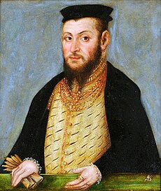 A portrait of Sigismund II Augustus, in a black hat with a white feather, a white ruff on his neck, and an ornate gold chain around his neck.