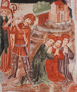 Saint Nicolas arrêtant le bourreau. Peinture de 1443 par Janez Ljubljanski conservée à la galerie nationale de Slovénie.