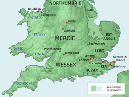 carte de l'Angleterre vers 800, des points rouges indiquent des villes