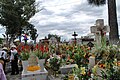 View of part of the cemetery that surrounds the main church of San Andres Mixquic on Day of the Dead