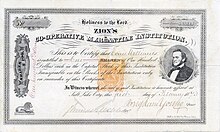 Action de la Zion's Co-Operative Mercantile Institution pour une part de 100 dollars, émise le 1er février 1873 à Salt Lake City, Territoire de l'Utah, signée en original par Brigham Young en tant que président