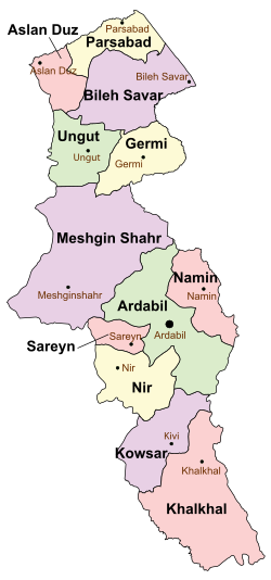 Location of Namin County in Ardabil province (center right, pink)