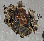 Ulm, Ulmer Münster, Totenschild des Marx Christoff Welser (* 1589; † 1649); Stammvater der Ulmischen Linie der Welser mit Wappen der Welser und Beiwappen der Baldinger und Krafft