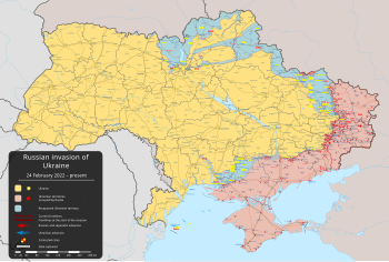 מפת הלחימה נכון ליולי 2024   שטח בשליטת אוקראינה   שטח אוקראיני בשליטת רוסיה ובדלנים אוקראיניים פרו-רוסיים   היה בשליטת רוסיה ונתפס מחדש על ידי אוקראינה למפה מפורטת יותר (באנגלית), ראו מפת הפלישה הרוסית לאוקראינה