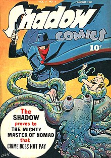 dessin, dont le titre est Shadow Comics, qui représente un homme au visage caché par un foulard rouge affrontant une pieuvre