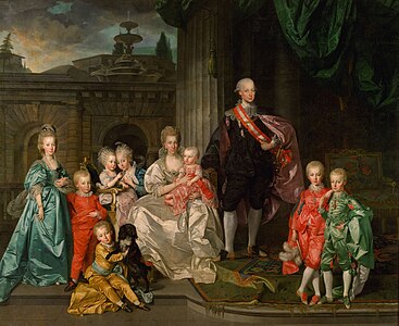 Le grand-duc Léopold Ier de Toscane avec sa femme Marie-Louise et leurs enfants au palais Pitti de Florence (1776), Johan Joseph Zoffany, huile sur toile (325 × 398 cm), musée d'Histoire de l'art de Vienne.