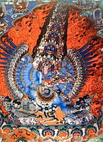 A multi-limbed Tibetan deity surrounded by an aureole of billowing fire and a pillar of smoke which signifies the wrathful nature of the deity (19th century) (Thangka of the Hayagriva).