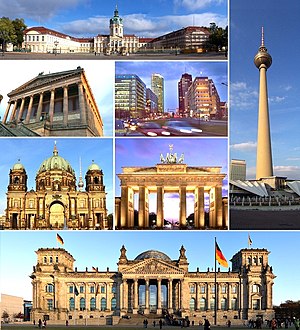 Searah jarum jam:Istana Charlottenburg, Fernsehturm Berlin, Gedung Reichstag, Katedral Berlin, Alte Nationalgalerie, Potsdamer Platz dan Gerbang Brandenburg.