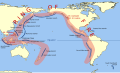 Image 79A Ring of Fire; the Pacific is ringed by many volcanoes and oceanic trenches. This map does not show the Cascadia Subduction Zone along part of the west coast of North America, whose trench is completely buried in sediments. (from Pacific Ocean)