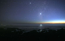 Foto langit malam yang diabadikan dari tepi pantai. Venus dapat dilihat di tengah, jauh lebih cerah daripada bintang lain, dan cahayanya dipantulkan di samudra.