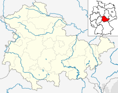 Mapa konturowa Turyngii, blisko centrum po lewej na dole znajduje się punkt z opisem „Oberhof”
