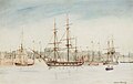 HMS Beagle (centre) from an 1841 watercolour by Owen Stanley, painted during the third voyage while surveying Australia.