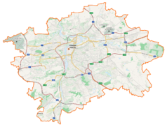 Mapa konturowa Pragi, na dole po prawej znajduje się punkt z opisem „Lipany”
