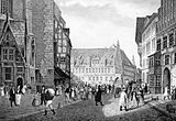 Marktplatz 1834: Die Marktkirche besitzt noch Anbauten sowie ihr gotisches Portal