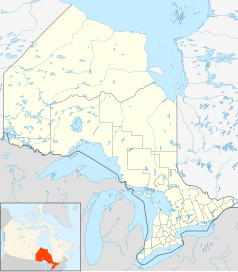 Mapa konturowa Ontario, na dole po prawej znajduje się punkt z opisem „Barrie”