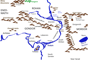 Skica mapy Gondoru, Rohanu a Mordoru, město Dol Amroth na Belfalasu