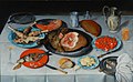 Jacob van Hulsdonck: Breakfast piece with a fish, ham and cherries, 1614
