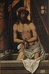 AnonymousUnknown author (after an engraving by Lucas van Leyden). Christ as the Man of Sorrows label QS:Len,"Christ as the Man of Sorrows" label QS:Lpl,"Chrystus jako Mąż Boleści" label QS:Lnl,"Christus als Man van Smarten" 1517-1550. oil on panelmedium QS:P186,Q296955;P186,Q106857709,P518,Q861259. 130 × 85 cm (51.1 × 33.4 in). Florence, Uffizi Gallery.
