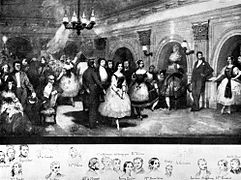 Lithographie d'Eugène Lami montrant quelques danseuses célèbres et leurs non moins célèbres mécènes au foyer de la danse en 1841.