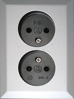 CEE 7/1 wall socket, accepts CEE 7/2 (unearthed) plug and also CEE 7/4, CEE 7/6 and CEE 7/7 (earthed) plugs