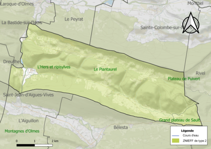 Carte des ZNIEFF de type 2 sur la commune.