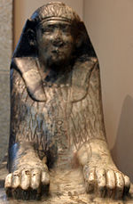 Small gneiss sphinx inscribed with the name of Amenemhat IV, on display at the British Museum.