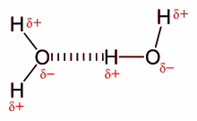 Schematisches Diagramm: Zwei Wassermoleküle sind dargestellt als durch Striche miteinander verbundene Buchstaben. In der Mitte jeweils ein O, davon ausgehend zwei Striche, an deren Ende ein H steht. Die Striche bilden zueinander einen stumpfen Winkel von etwa 110 Grad. An jedem Buchstaben befindet sich der griechische Kleinbuchstabe delta, gefolgt von einem Plus-Zeichen bei H und einem Minuszeichen bei O. Die beiden Wassermoleküle sind so angeordnet, dass sich das O des linken Moleküls in der Verlängerung der Linie zwischen O und H des rechten Moleküls befindet und die beiden H des linken Moleküls symmetrisch um diese Linie nach links gedreht sind. Der Abstand zwischen dem O des linken und dem H des rechten Moleküls ist etwa eineinhalb mal so lange wie zwischen O und H eines einzelnen Moleküls. Dieser Abstand ist mit kurzen Strichen ausgefüllt, die senkrecht auf der gedachten Verbindungslinie stehen, so als wäre eine sehr breite Linie regelmäßig unterbrochen.