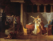A gauche Brutus est assis dans la pénombre, à droite sa femme et ses filles regardent des hommes portant des corps