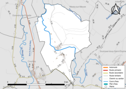 Carte en couleur présentant le réseau hydrographique de la commune