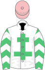 White, emerald green cross of lorraine, emerald green and white chevrons on sleeves, pink cap