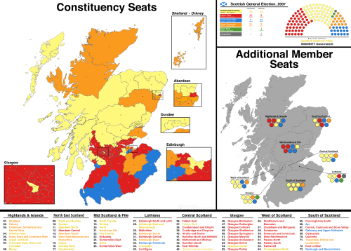 A map showing the constituency winners of the Election by their party colours.