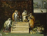 Обезьяны играют в нарды. Между 1599 и 1642. Медь, масло. Художественный музей, Шверин, Германия