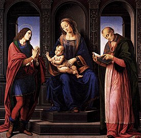 La Vierge à l'Enfant entourée de saint Julien et de saint Nicolas de Myre, Lorenzo di Credi.