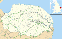 Mapa konturowa Norfolku, po prawej znajduje się punkt z opisem „Blofield”