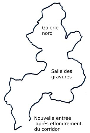 Plan de Pair-non-Pair au Châtelperronien : après effondrement du corridor, l'entrée se fait par des galeries annexes