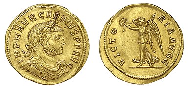 pièce en or, profil masculin et femme ailée tenant une couronne