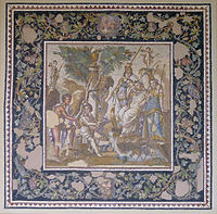 Judgment of Paris, marble, limestone and glass tesserae, 115–150 AD; from the Atrium House triclinium in Antioch-on-the-Orontes