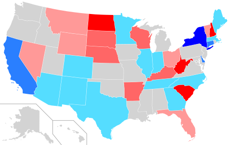 Net changes to upper house seats after the 2020 elections      +1 Dem seat      +2 Dem seats      +4 Dem seats      +1 Rep seat      +2 Rep seats      +3–4 Rep seats