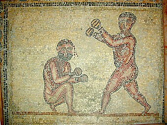 Pugilists wearing sphere-style gloves, mosaic from Roman Africa (3rd century AD)