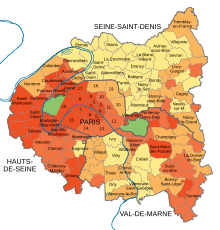 Farbig markierte Grafik der Départements Paris, Hauts-de-Seine, Val-de-Marne und Seine-Saint-Denis. Der höchste Haushaltswert liegt im Westen und im Zentrum von Paris sowie südwestlich und östlich von Paris.