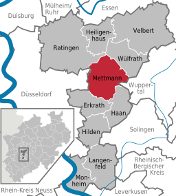 Mettmanns läge i Kreis Mettmann, Nordrhein-Westfalen